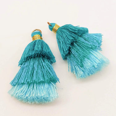 Blue Small Cotton Tassels in Three Layers With Gold Colour Brass Loop Ring, Tassel Charms x 5